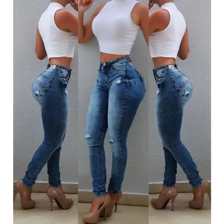 Фото Женские джинсы с высокой талией деним тонкие тянущиеся синие эластичные | Узкие джинсы (4000278221599)