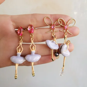 2020 Rushed Limited Stainless Steel Earing Enamel Glaze Light Grey Girl Earrings Asymmetric Delicate Dance Ballet Pierced Ear
