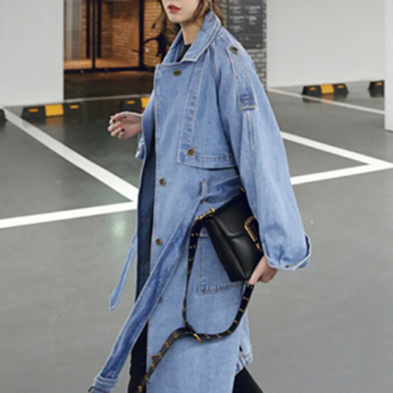 Spring Autumn Women Casual Loose X-Long Denim Trench Coat Female Denim Overalls Plus Size Adjustable Waist Denim Coat
Spring Autumn Women Casual Loose X-Long Denim Trench Coat Female Denim Overalls Plus Size Adjustable Waist Denim Coat