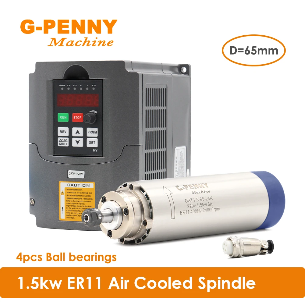 1.5kw ER11 air cooled spindle motor 24000rpm air cooling 400Hz 4 bearings 65x204mm & 1.5kw HuanYang VFD/ Inverter 
1.5kw ER11 air cooled spindle motor 24000rpm air cooling 400Hz 4 bearings 65x204mm & 1.5kw HuanYang VFD/ Inverter