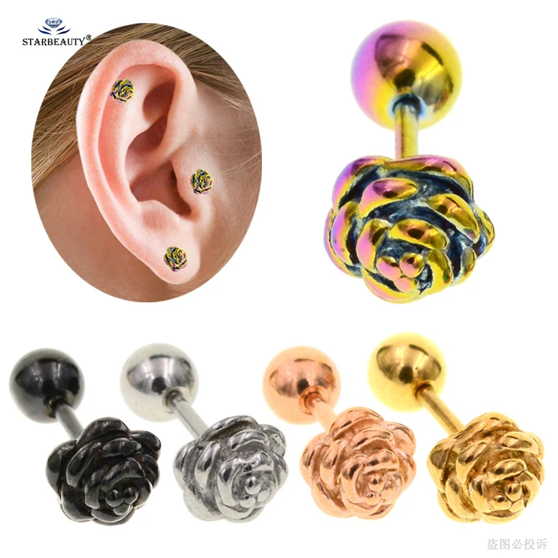 

2pcs 18G 1.0x6mm Happy Rose Ear Piercing Oreja Cartilage Earrings Stud Stainless Steel Tragus Piercing Helix Piercing Jewelry