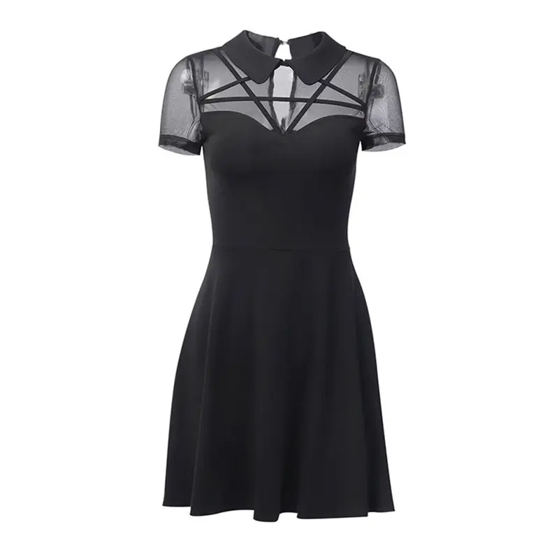 Готическое сексуальное черное Сетчатое платье с пентаграммой мини-платье