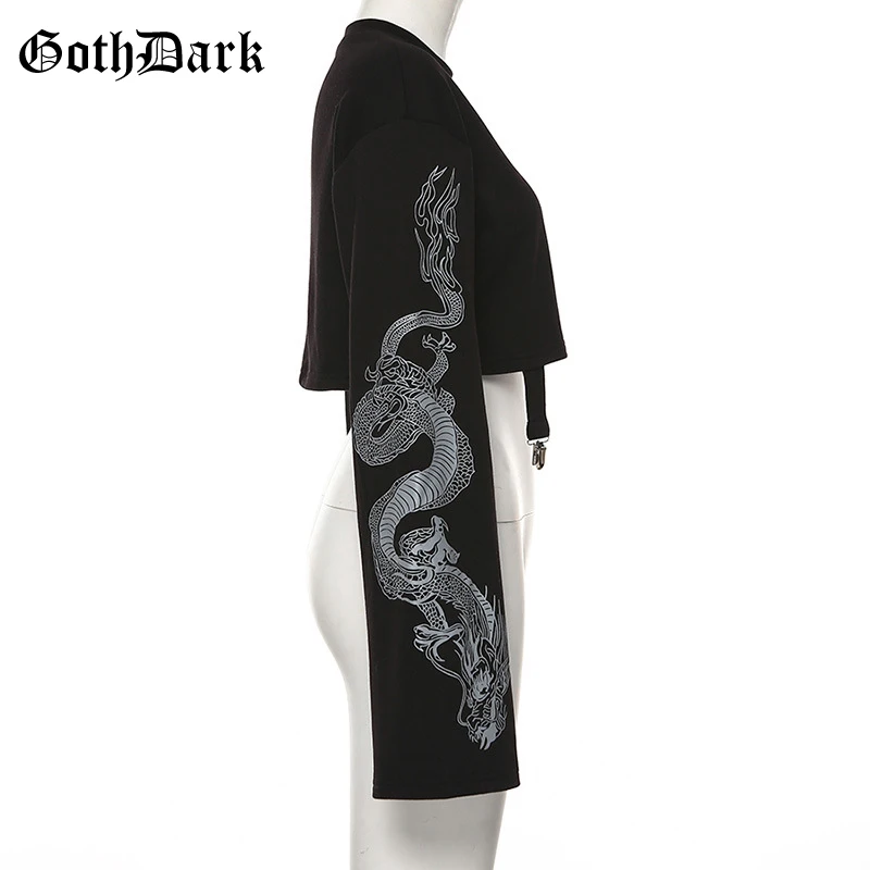 Vintage Sweatshirts Harajuku Black Dragon Print Pathchwork