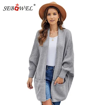 

SEBOWEL Woman Batwing Sleeve Shawl Neckline Cardigans Sweater Female Ribbed Knit Patch Pockets Cardigan Sweaters Autumn Winter