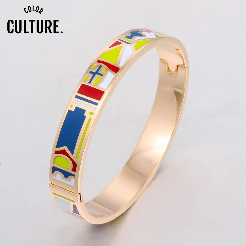 

Color Culture New Fine Color Design Pattern Gold-color Opening Enamel Bracelet for Women Stainless Steel Bangles Ethnic Jewelry