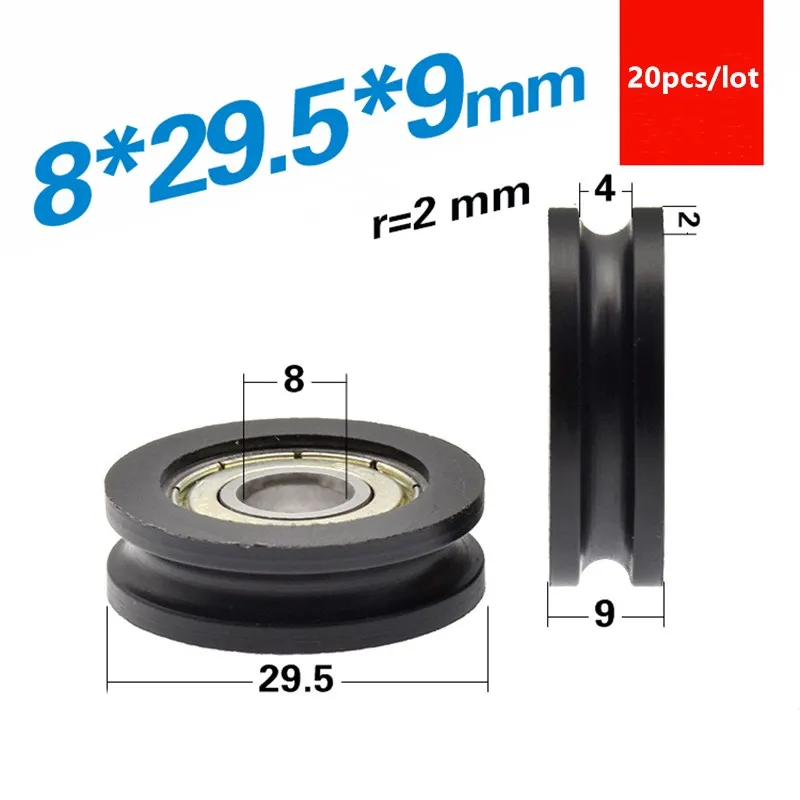 

20pcs U groove Plastic coated bearing 608ZZ 8*29.5*9mm POM roller concave wheel nylon pulley bore size 4mm diameter 29.5mm