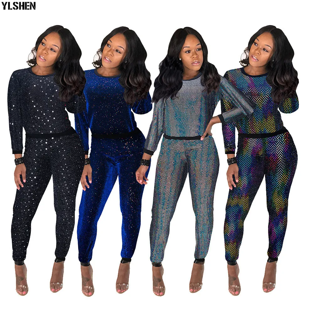 2 Two Piece Set Women Tracksuit Sexy Sequins Long Sleeve Clothes Plus Size Club Outfits Tops +Pants Sweat Suits Matching Sets 001