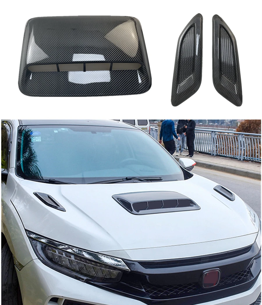 

3Pcs Glossy Carbon Fiber Color ABS Car Air Flow Intake Hood Scoop Vent Bonnet Decorative Cover Car Styling Middle + both sides