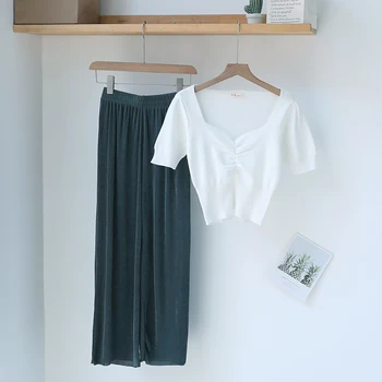 2020 Spring Summer Women 2 Piece Set V Neck Kinnting Pullover+high Waist Wide Leg Long Pants Streetwear Female Sets 
2020 Spring Summer Women 2 Piece Set V Neck Kinnting Pullover+high Waist Wide Leg Long Pants Streetwear Female Sets