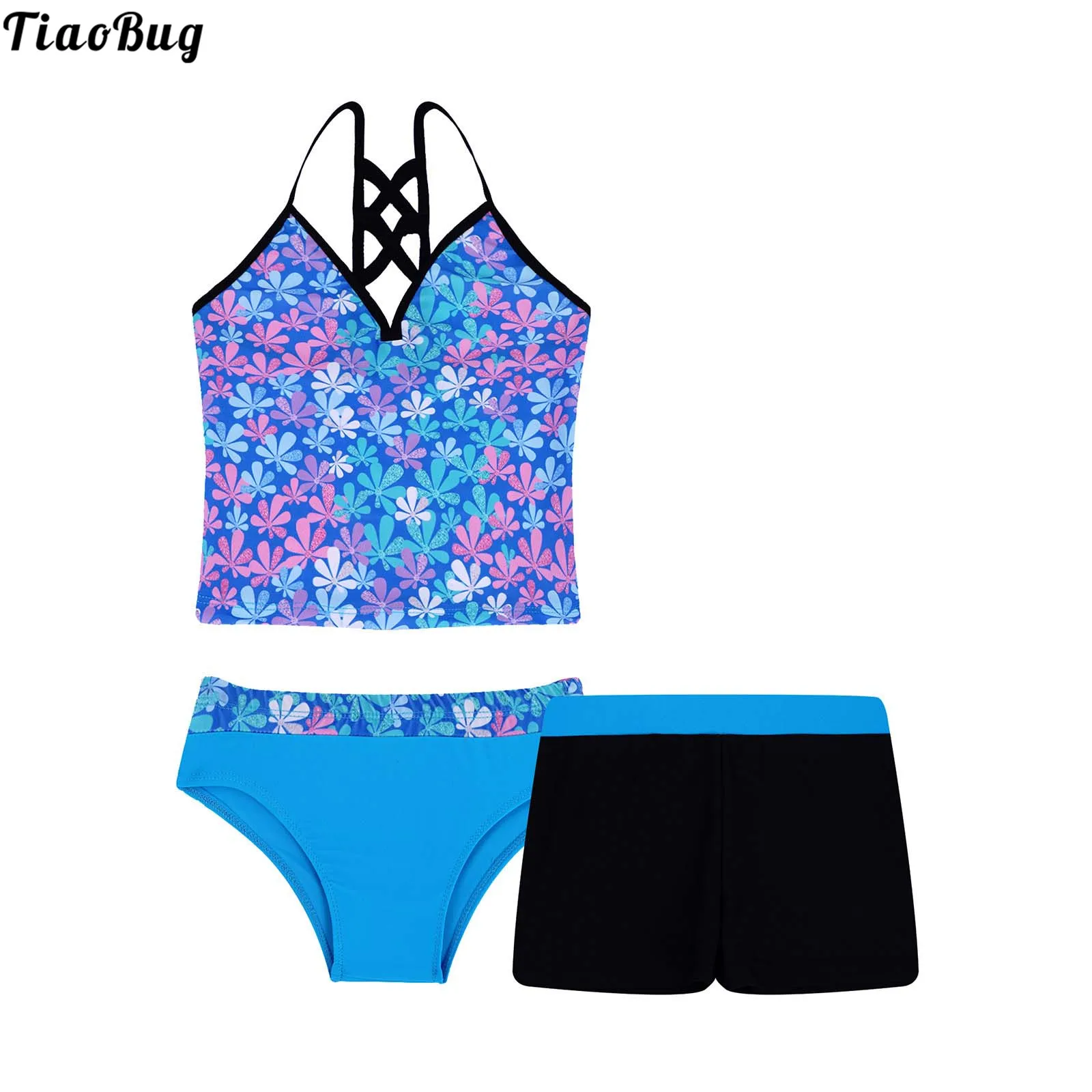 

TiaoBug 3Pcs Kids Girls Summer Tankini Floral Printed Swimwear Bathing Suit Tops With Bottoms Shorts Sets Bikini Pool Swimsuit