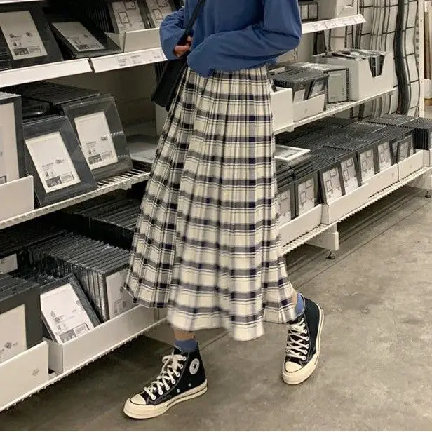 

Vintage Cotton Plaid High Waisted Mid-Length Summer A- line Pleated Skirt Woman Skirts Mujer Faldas Saias Mulher