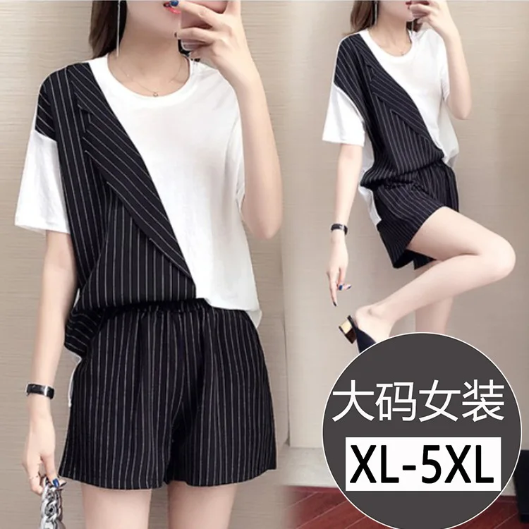 Large Size Dress Crew Neck Irregular Stripes Slimming Loose Tops WOMEN'S Shorts Two-Piece Set Korean-style Fashion New Style
Large Size Dress Crew Neck Irregular Stripes Slimming Loose Tops WOMEN'S Shorts Two-Piece Set Korean-style Fashion New Style