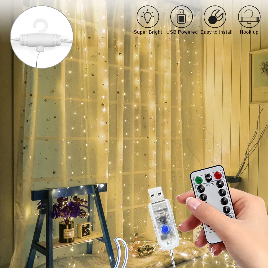 LED Curtain String Lights USB Fairy Light Garland With Hooks Remote Control For Room Decor New Year Christmas Outdoor Wedding
LED Curtain String Lights USB Fairy Light Garland With Hooks Remote Control For Room Decor New Year Christmas Outdoor Wedding
