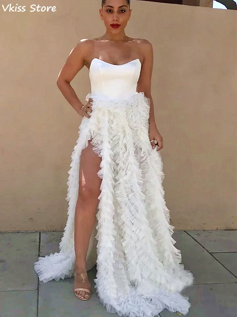 White Simple Evening Dress Strapless Tiered Split Sexy Scoop Neck Sleeveless A-line Floor Length Prom Dress vestidos de fiesta
White Simple Evening Dress Strapless Tiered Split Sexy Scoop Neck Sleeveless A-line Floor Length Prom Dress vestidos de fiesta