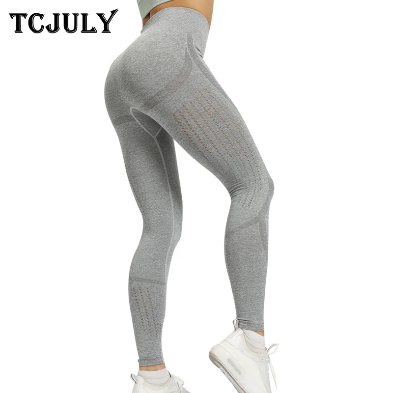 TCJULY Sexy Hollow Out Seamless Leggings For Women Solid High Waisted Push Up Workout Pants Breathable Quick Dry Fitness Leggins | Женская