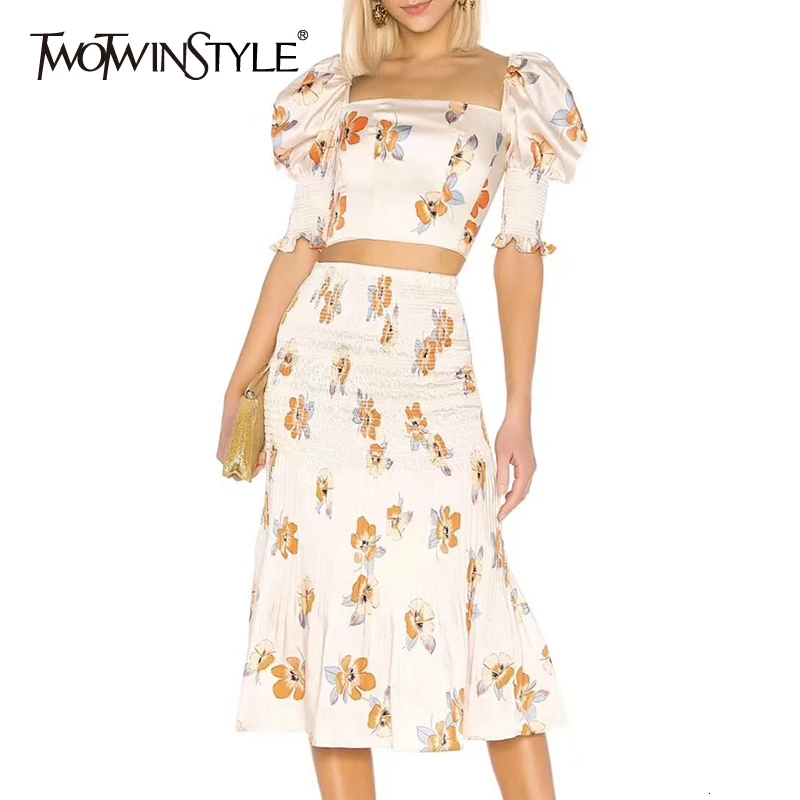 Фото TWOTWINSTYLE Print Two Piece Sets For Female Square Collar Puff Sleeve Short Top High Waist Pleated Skirts Ruched Suit Women New | Женская
