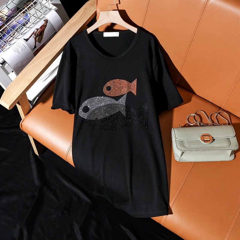 

Summer casual 2021 new fashion Korean style loose short-sleeve T-shirt for women black personality fish Hot diamonds female tops