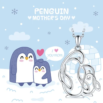 

StrollGirl 925 Sterling Silver supermom and Son penguin pendant chain Animal mom and kid necklace for Women mother Jewelry Gifts