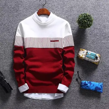 

Fashion Newest Men Color Blo-ck Stripe Round Neck Long Sleeve Slim Thin Knitted Pullover Sweater Mens Top