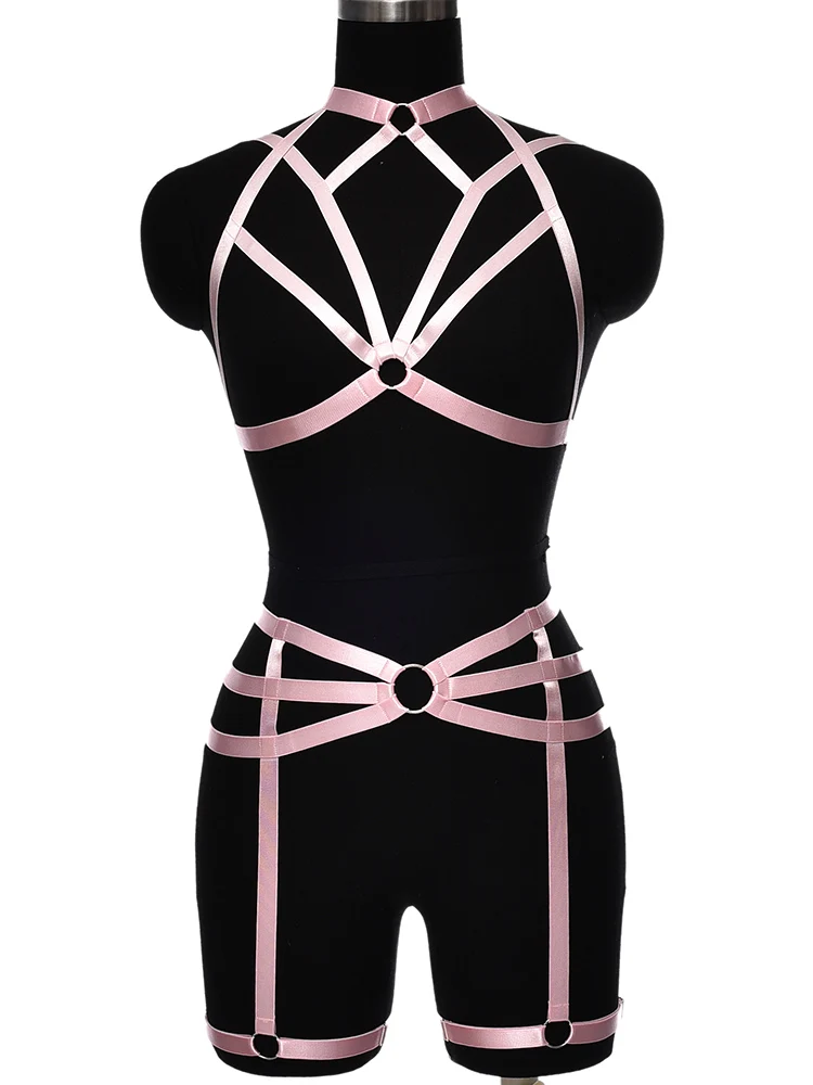 

Sexy Pink Harness Bodysuit Bondage Lingerie Woman Hollow Body Cage Goth Leg Ring Garter Body Harness Bra Elastic Adjust Bra