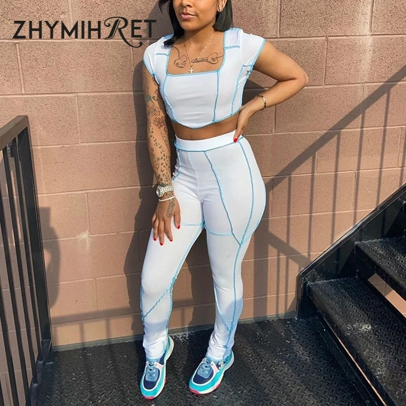 ZHYMIHRET 2020 Summer Ribbed Crop Top And Pants Two Piece Set Women Patchwork Square Collar T Shirt Streetwear |