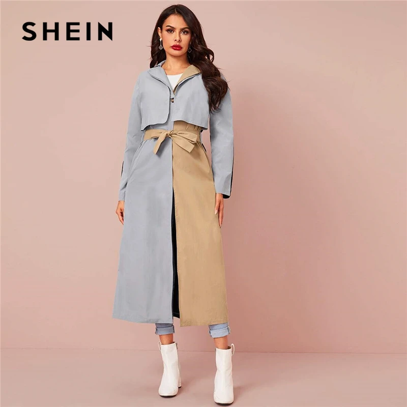 SHEIN цветной Тренч на одной пуговице Повседневный с поясом женский 2020 весна
