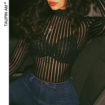TAUPIN AM Sexy See-through Mesh Bodysuit Women Stripe Long Sleeve Turtleneck Bodycon Rompers Womens Jumpsuits Black Clubwear 
TAUPIN AM Sexy See-through Mesh Bodysuit Women Stripe Long Sleeve Turtleneck Bodycon Rompers Womens Jumpsuits Black Clubwear