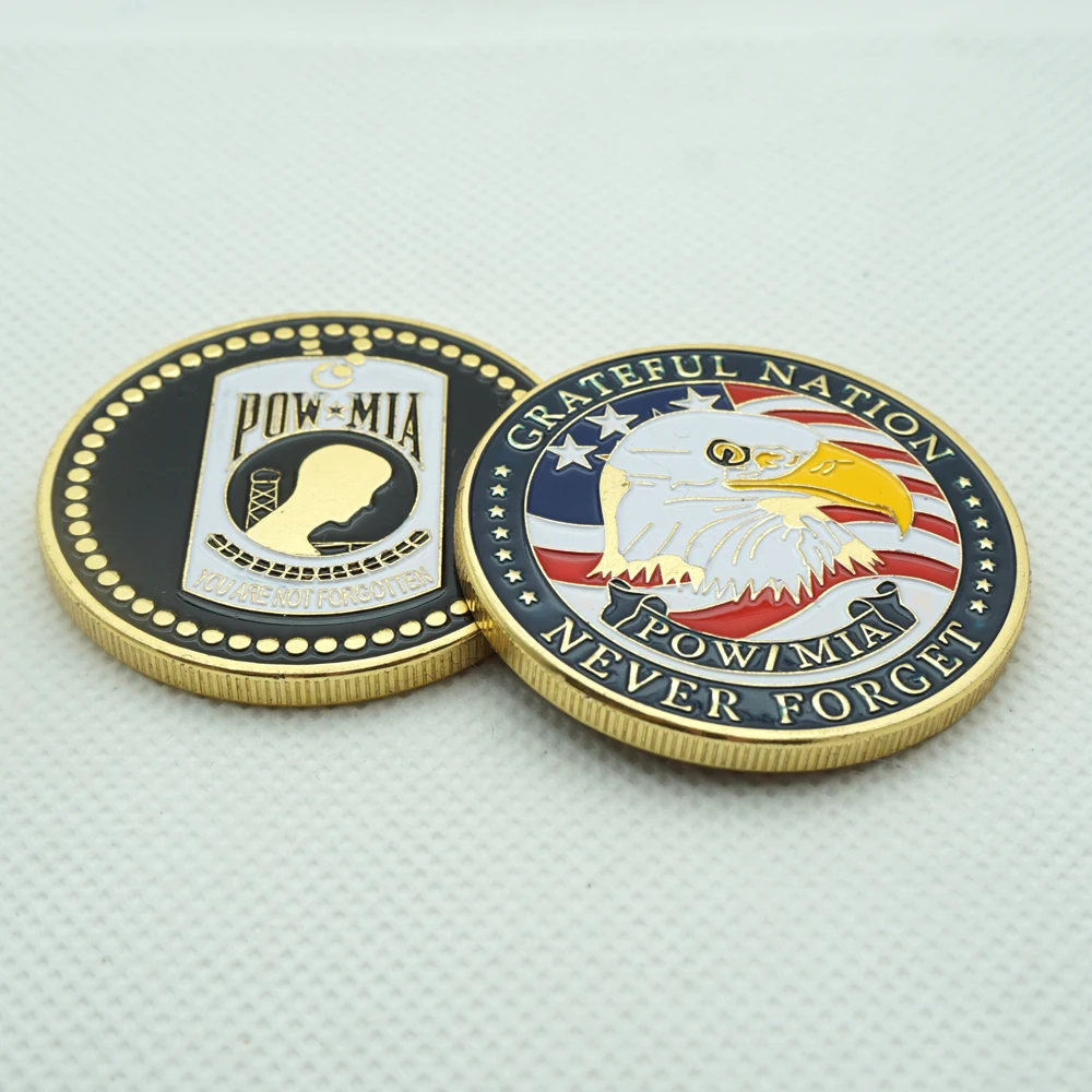 

2PCS Souvenir Not Forgotten POW MIA United Statea Flag Military Coin American Military Gold Plated Coin Challenge Medal