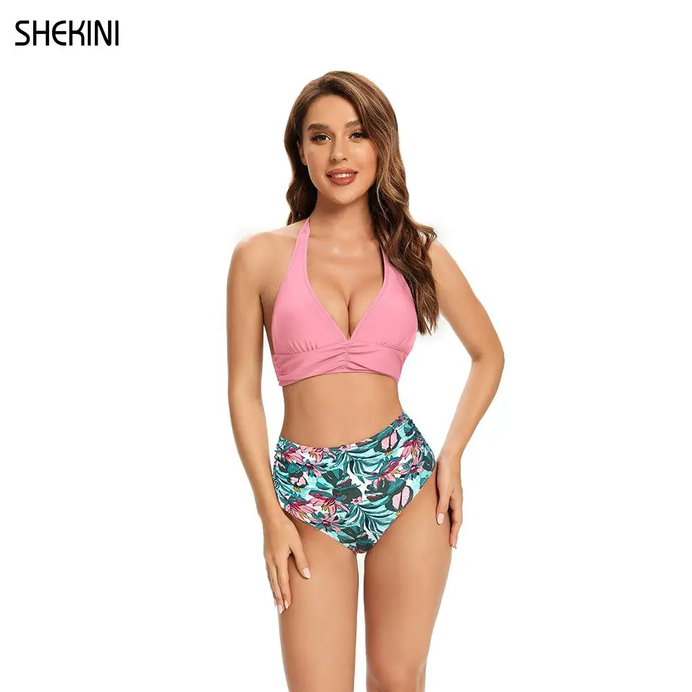 

SHEKINI Women's Halter Bandage Padded Bikini High Waisted Printing Bottom Two Piece Swimsuits V-neck Design 2022 Beach Swimwear