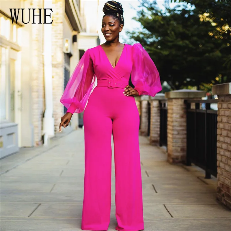 WUHE Sheer Mesh Lantern Sleeve Women Jumpsuit V Neck High Waist Wide Leg Pants Bodysuits Elegant Rose Red Office Lady Outfit
WUHE Sheer Mesh Lantern Sleeve Women Jumpsuit V Neck High Waist Wide Leg Pants Bodysuits Elegant Rose Red Office Lady Outfit