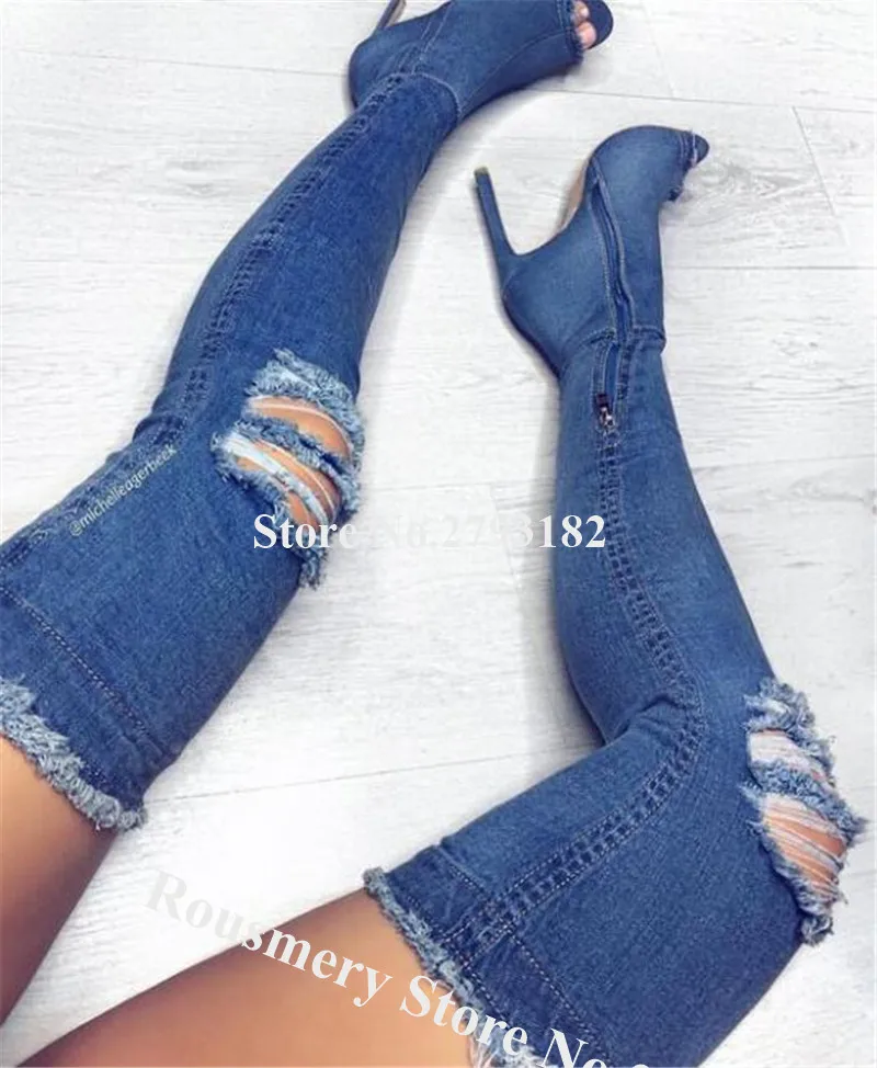 

Western Fashion Style Peep Toe Stiletto Heel Over Knee Denim Gladiator Boots Blue Pink White Cut-out High Heel Jean Boots