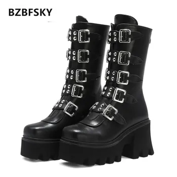2021Winter Gothic Punk Womens Platform Boots Black Buckle Strap zipper Creeper Wedges Shoes Mid Calf Military Combat Boots
2021Winter Gothic Punk Womens Platform Boots Black Buckle Strap zipper Creeper Wedges Shoes Mid Calf Military Combat Boots