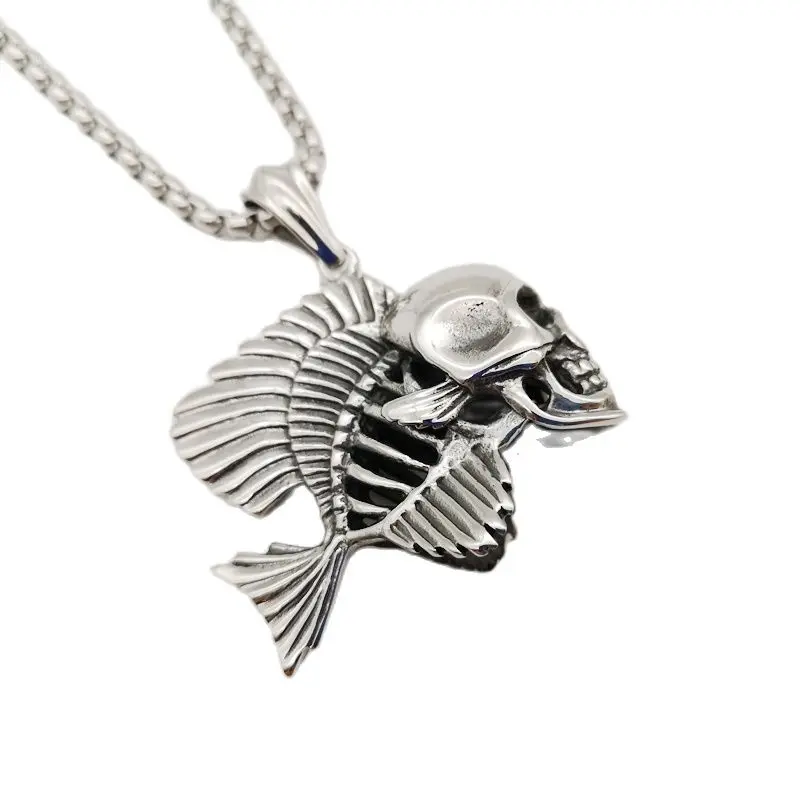 

stainless steel Unique fish bone skull pendant necklace Gothetic Skull necklace women fashion mens hip hop rock necklace jewelry