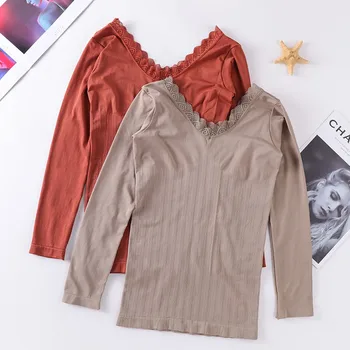 Women Lace V-neck Seamless Tops Autumn Spring Base T-shirt Long-sleeved Thermal Underwear 
Women Lace V-neck Seamless Tops Autumn Spring Base T-shirt Long-sleeved Thermal Underwear