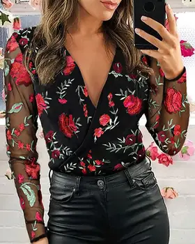 Women Spring Mesh Floral Embroidery Plunge Blouse Female Casual Long Sleeve Print Shirt Ladies Sexy V Neck Wrap Top Streetwear
Women Spring Mesh Floral Embroidery Plunge Blouse Female Casual Long Sleeve Print Shirt Ladies Sexy V Neck Wrap Top Streetwear