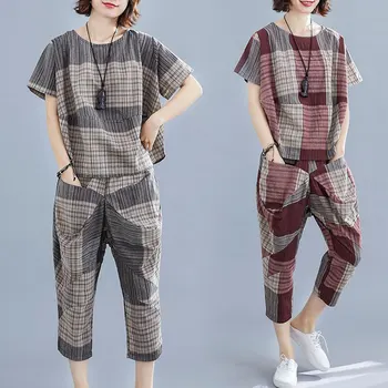 plus size two pieces women pants suits plaid t-shirt and harem pocket pants lady elegant pants suits top quality 
plus size two pieces women pants suits plaid t-shirt and harem pocket pants lady elegant pants suits top quality