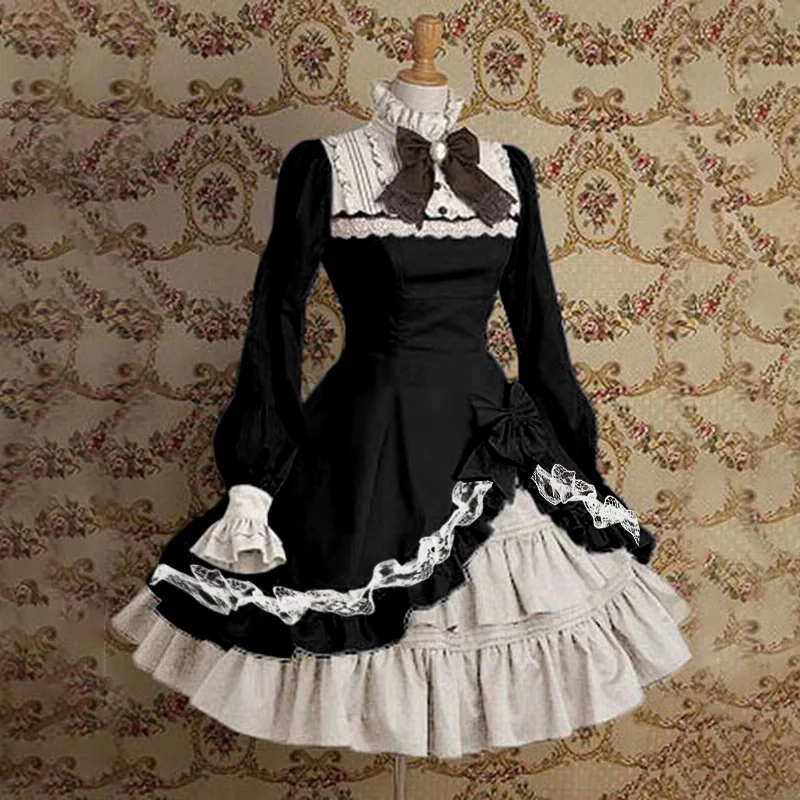 

Victorian Palace Vintage Sweet Lolita Dress Op Loli Cos High Collar Flare Sleeve Bowknot Lace Dress Kawaii Girl Gothic