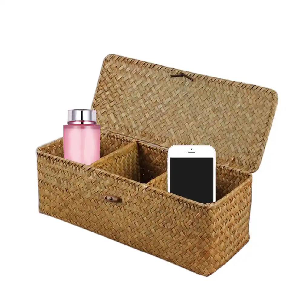 basket gift hand woven rectangular bathroom three grid home desk