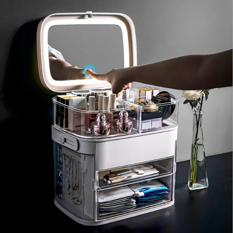 LED Makeup Mirror With Light Cosmetic Storage Box Lipstick Finishing Box Drawer Type Vanity Mirror Skin Care Product Storage Box
