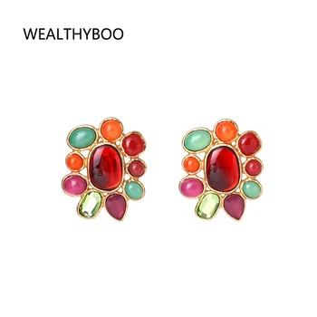 

WealthyBoo Multi Colorful Acrylics Statement Stud Earrings Women Colorful Geo Cluster Crystal Earrings Big Metal Earrings Gift