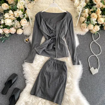 Autumn Women 3pcs Set Gray/Black Cardigans + Drawstring Tank Tops + High Waist Skirt Three Piece Set Female Fashion Fall 2020
Autumn Women 3pcs Set Gray/Black Cardigans + Drawstring Tank Tops + High Waist Skirt Three Piece Set Female Fashion Fall 2020