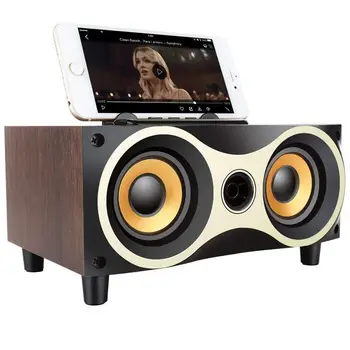 

Desktop Portable Wooden Wireless Speaker Subwoofer Stero Bluetooth Speakers Support TF MP3 Player with FM Radio, Phone Holder fo