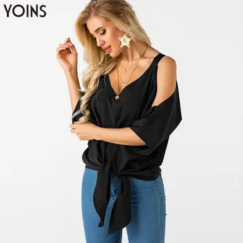 

YOINS 2020 Spring Summer Women Lace-up Bat Sleeves Blouse Black Elegant Female Shirts Casual Sexy Tops Regular Blusas Femme