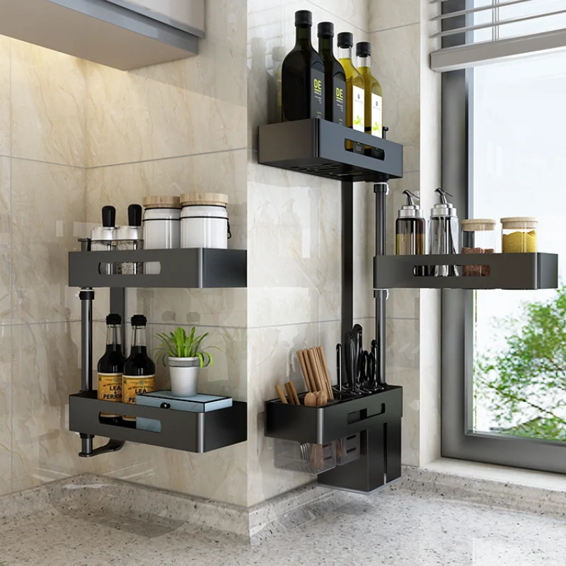 Kitchen Storage Rack Space Aluminum Corner Rotating Wall - Mounted Non-perforating Condiment Storage Rack Kitchen Items
Kitchen Storage Rack Space Aluminum Corner Rotating Wall - Mounted Non-perforating Condiment Storage Rack Kitchen Items