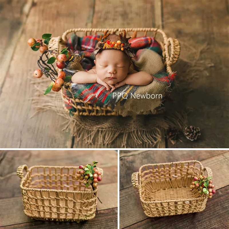 Newborn Photography Props Baby Photo Basket Posing Props Infantil Woven Baskets With Ears Baby Shoot Accessories Creative Props