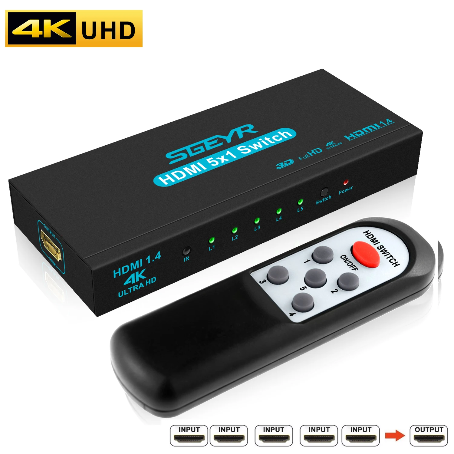 4K 5 Port HDMI Switch SGEYR 5x1 Switcher in 1 Out Selector Box with IR Remote Support 1.4 HDCP | Электроника