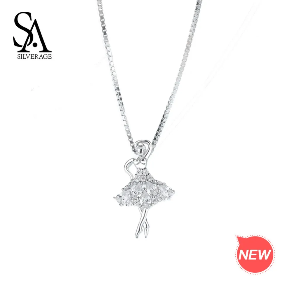 

SA SILVERAGE AAA Zirconia Gril 925 Silver Pendant Necklace Choker Necklaces Real 925 Sterling Silver Ballerina Pendant