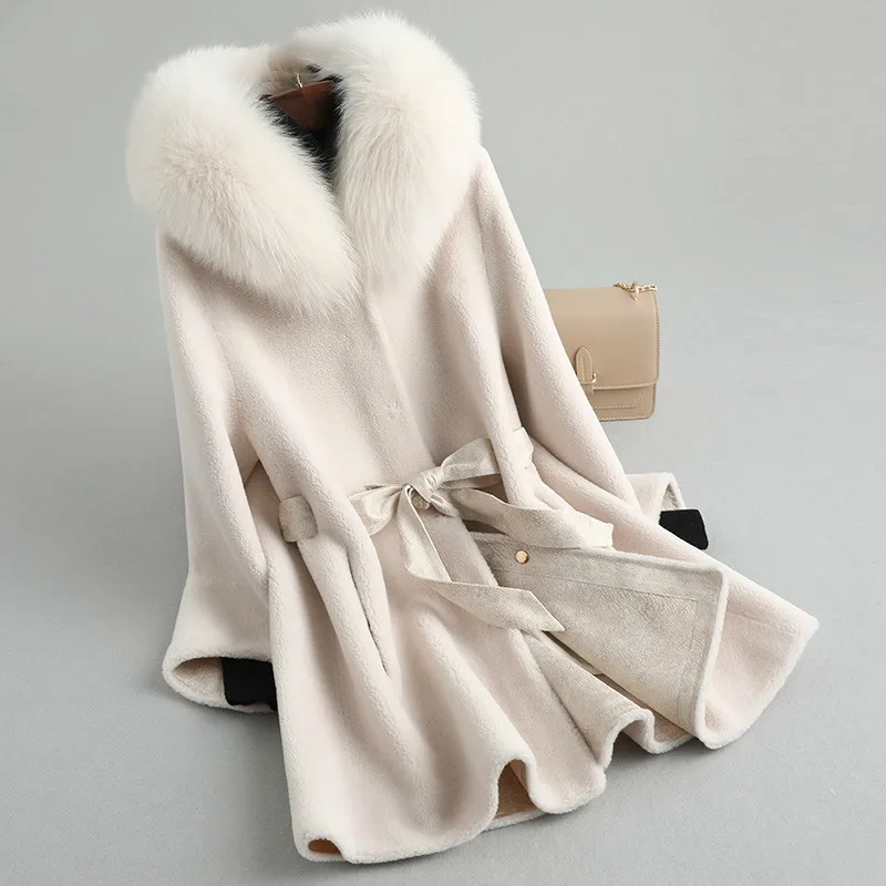 Пальто с воротником из лисьего меха Женское пальто 100% шерсти осенне-зимнее