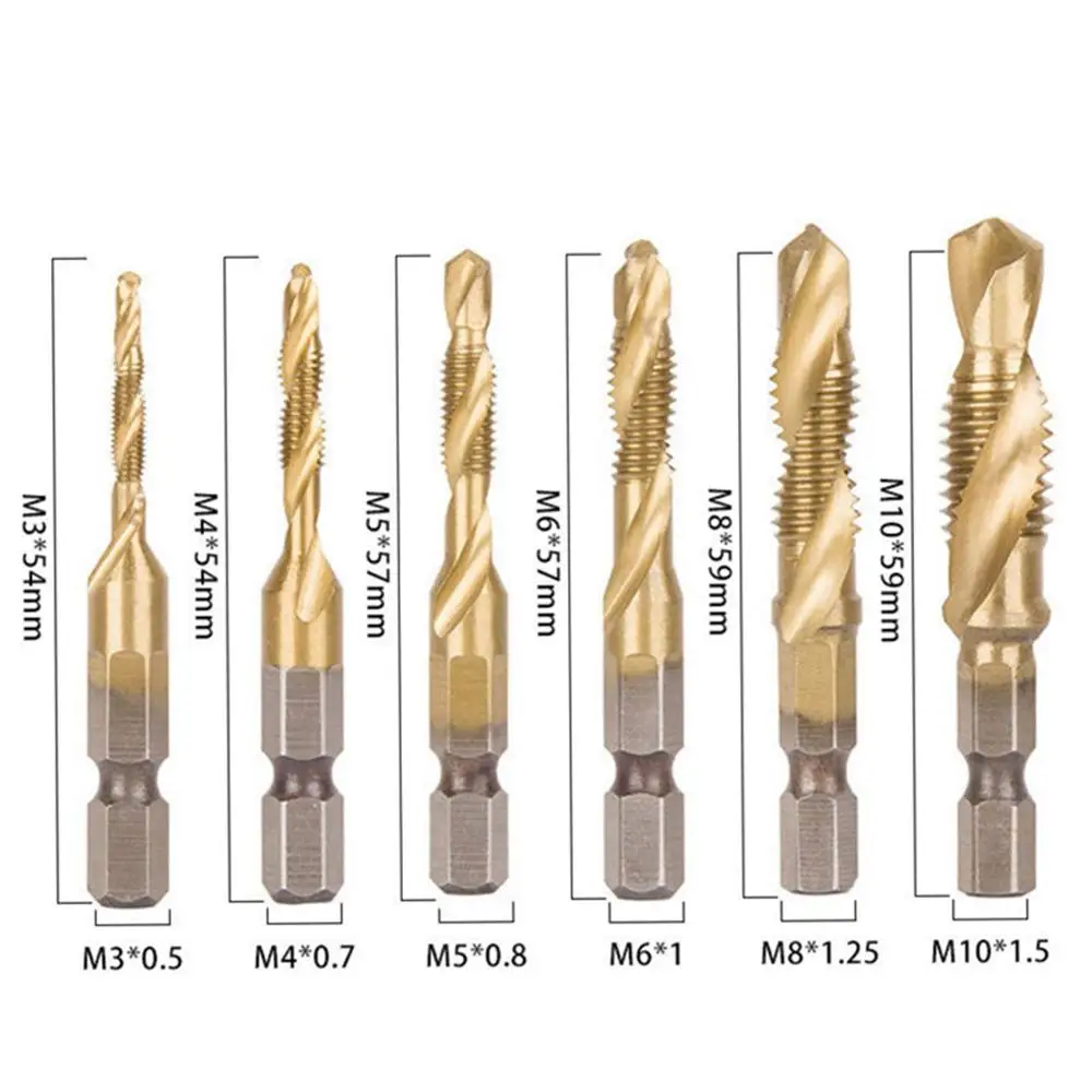 6Pcs Hex Shank Titanium Plated HSS Screw Thread Metric Tap Drill Bits Screw Machine Compound tap M3 M4 M5 M6 M8 M10 Hand Tools
6Pcs Hex Shank Titanium Plated HSS Screw Thread Metric Tap Drill Bits Screw Machine Compound tap M3 M4 M5 M6 M8 M10 Hand Tools