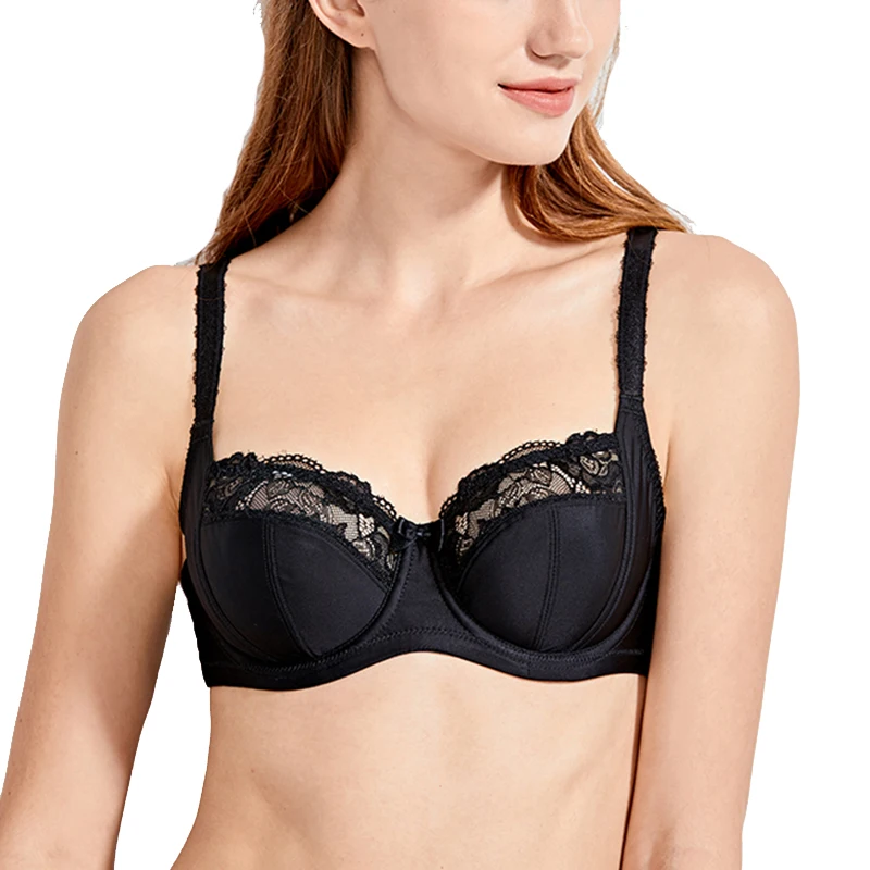 

Women's Plus Size Full Coverage Underwire Non Padded Lace Sheer Unlined Balconette Bra 32 34 36 38 40 42 44 D DD E F G H Black